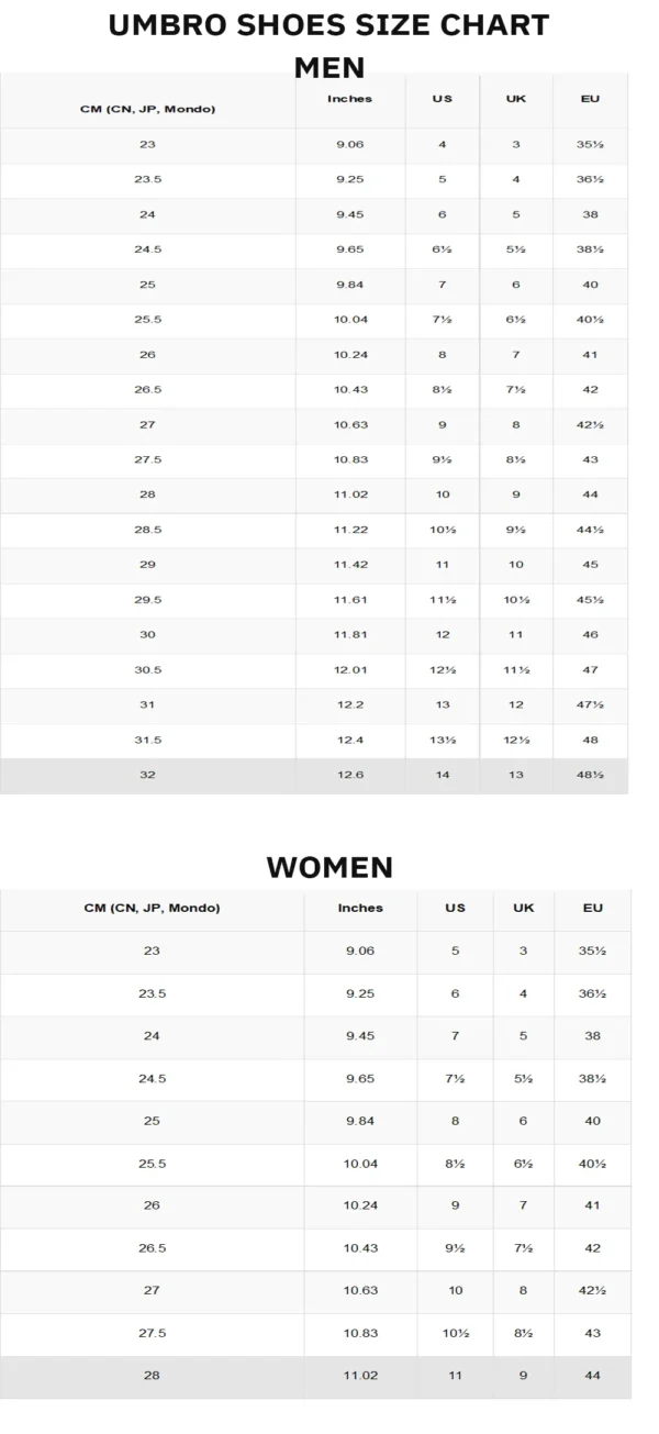 UMBRO MEN ADD WOMEN SIZE CHART