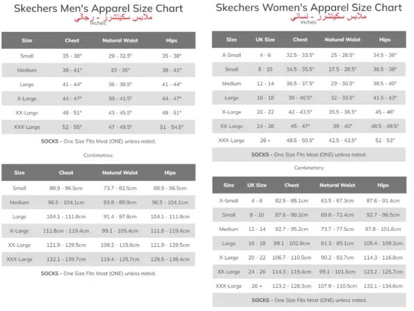 skechers clothes size chart